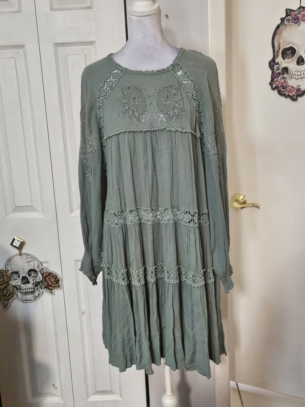 Free People Sage Green Embroidered Tiered Maxi Dress